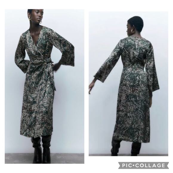 Zara Green Midi Long Sleeve Wrap Dress - Picture 1 of 6